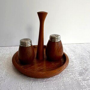 Vintage Swedish K Holmberg Teak Salt & Pepper Shakers With Tray MCM 1960s